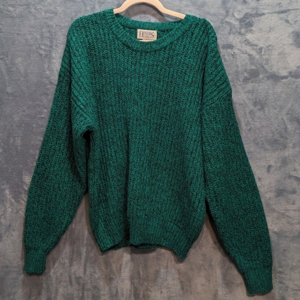 Vintage Honors Mens XL Marled Green Black Shaker Chunky Knit Crewneck Sweater
